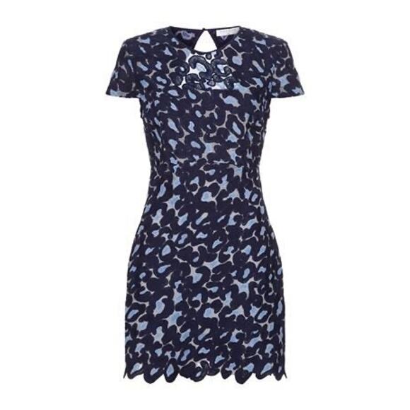 Sandro Blue Embroidered Lace Jacquard Cap Sleeve A-Line Mini Dress Size 6 - Picture 1 of 15